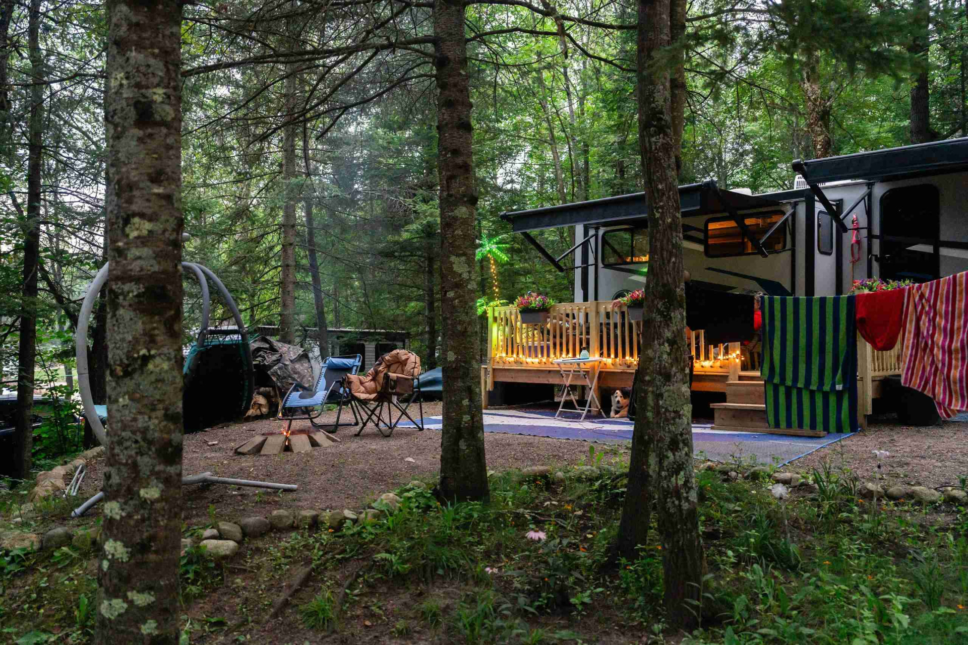 Sunset aerial view of Heaven’s Up North Campground and the surrounding Northwoods