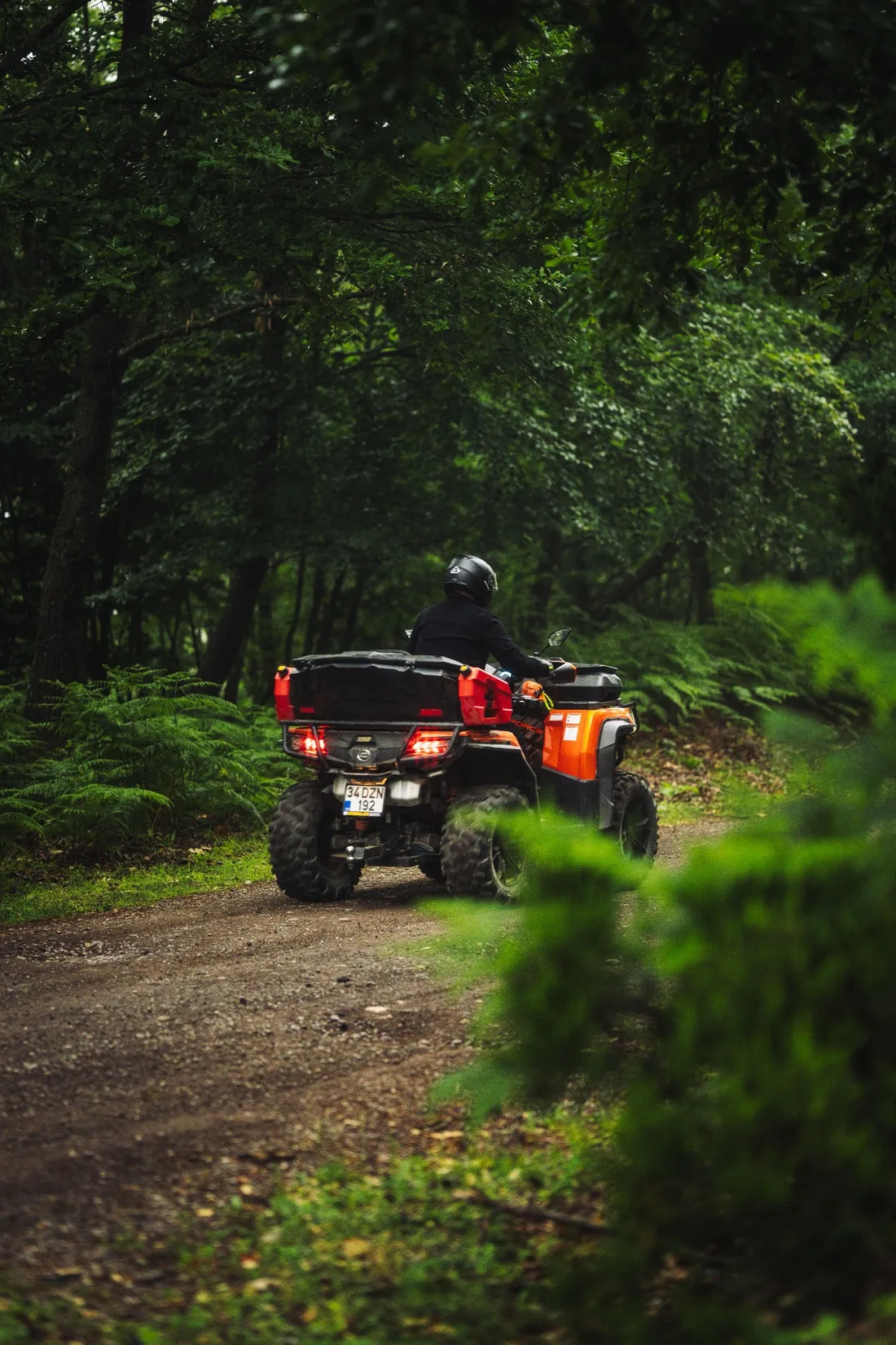 ATV riders on a wooded Northwoods trail