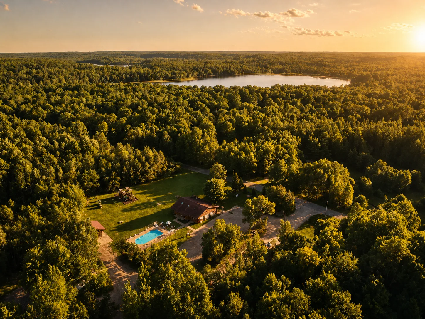 Sunset aerial view of Heaven’s Up North Campground and the surrounding Northwoods